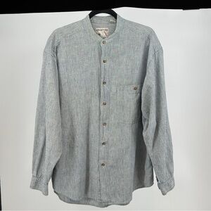 Vintage Cotton Linen Gray White Striped Men's L Grandfather Shirt Banded Collar